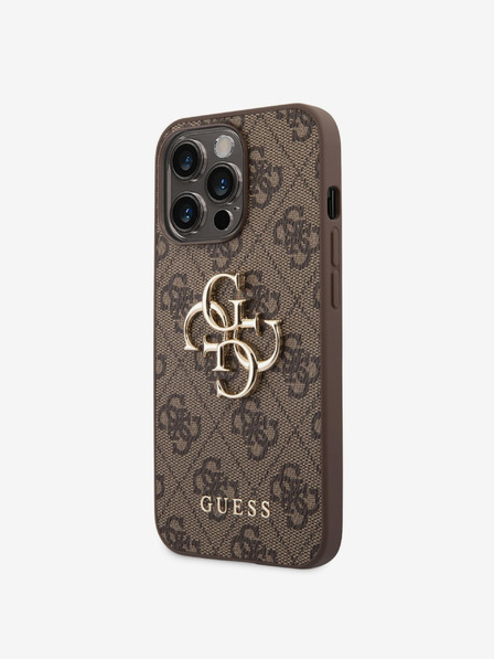 Guess PU 4G Metal Logo Zadní Kryt pro iPhone 14 Pro Max Brown Etui za telefon