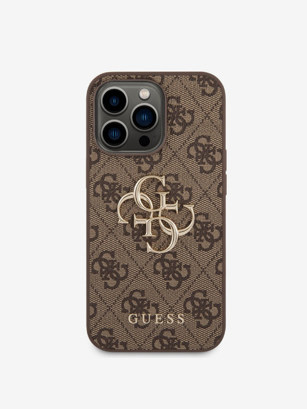 Guess PU 4G Metal Logo Zadní Kryt pro iPhone 14 Pro Max Brown Etui za telefon