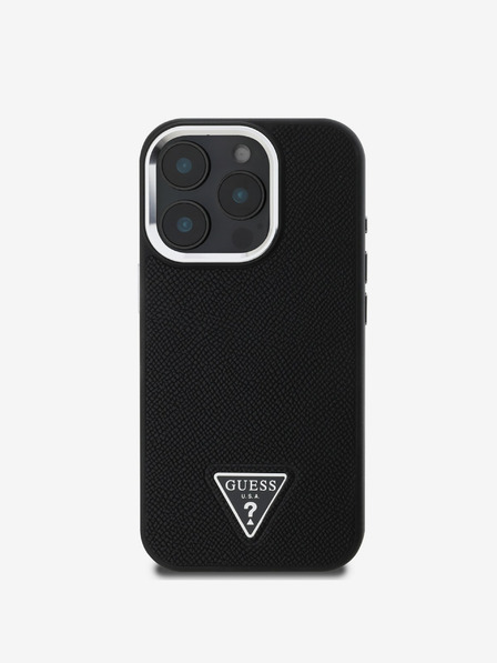 Guess PU Grained Triangle Logo Zadní Kryt pro iPhone 16 Pro Max Black Etui za telefon