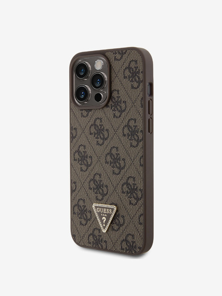 Guess PU 4G Strass Triangle Metal Logo Zadní Kryt pro iPhone 15 Pro Max Brown Etui za telefon