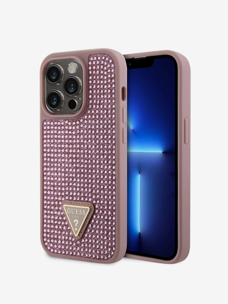 Guess Rhinestones Triangle Metal Logo Kryt pro iPhone 15 Pro Pink Etui za telefon