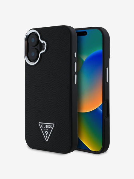 Guess PU Grained Triangle Logo Zadní Kryt pro iPhone 16 Black Etui za telefon