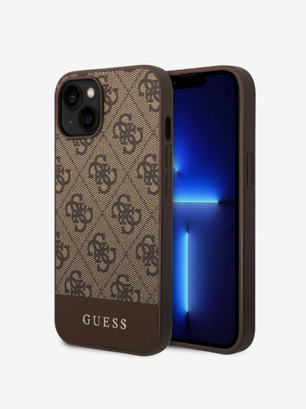 Guess PU 4G Stripe Zadní Kryt pro iPhone 14 Brown Etui za telefon