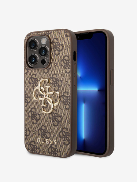 Guess PU 4G Metal Logo Zadní Kryt pro iPhone 15 Pro Brown Etui za telefon