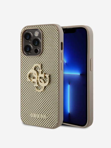 Guess PU Perforated 4G Glitter Metal Logo Zadní Kryt pro iPhone 15 Pro Gold Etui za telefon