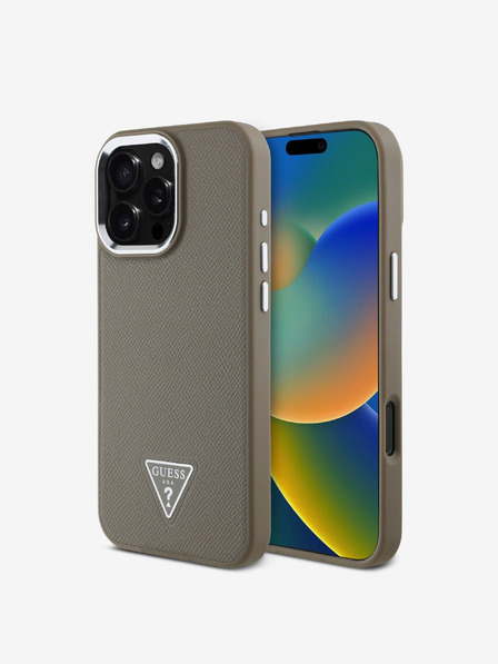 Guess PU Grained Triangle Logo Zadní Kryt pro iPhone 16 Pro Brown Etui za telefon