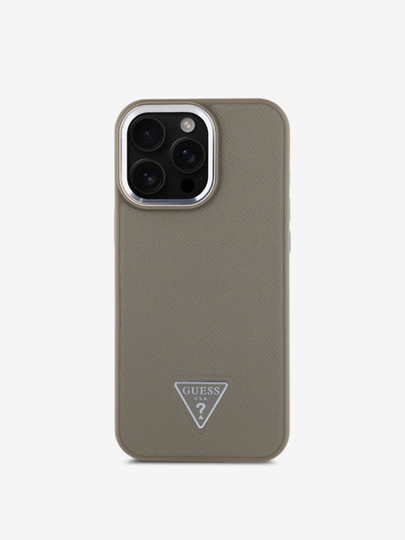 Guess PU Grained Triangle Logo Zadní Kryt pro iPhone 16 Pro Brown Etui za telefon