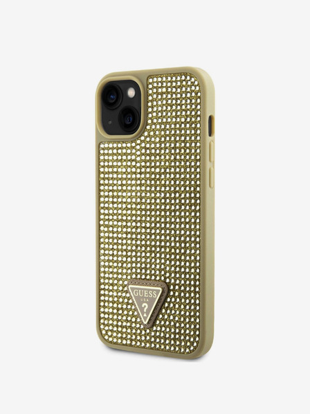 Guess Rhinestones Triangle Metal Logo Kryt pro iPhone 15 Gold Etui za telefon