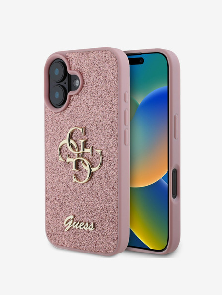 Guess PU Fixed Glitter 4G Metal Logo Zadní Kryt pro iPhone 16 Pink Etui za telefon