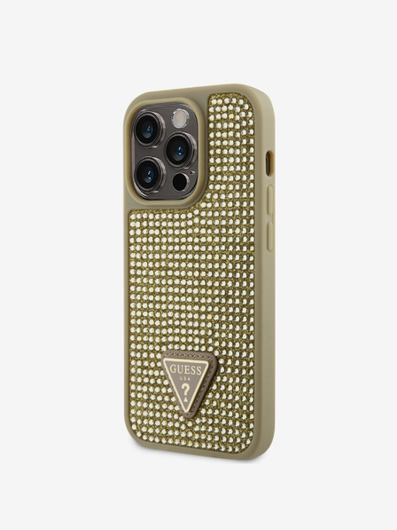 Guess Rhinestones Triangle Metal Logo Kryt pro iPhone 15 Pro Gold Etui za telefon