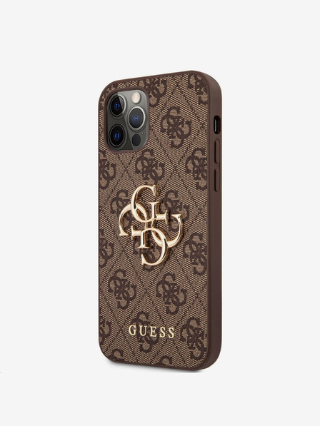 Guess PU 4G Metal Logo Zadní Kryt pro iPhone 12/12 Pro Brown Etui za telefon