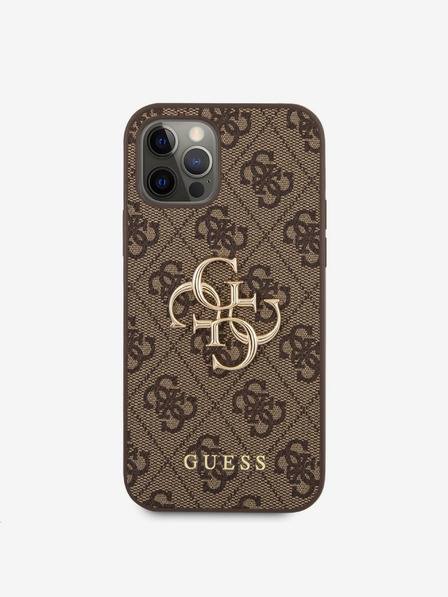 Guess PU 4G Metal Logo Zadní Kryt pro iPhone 12/12 Pro Brown Etui za telefon