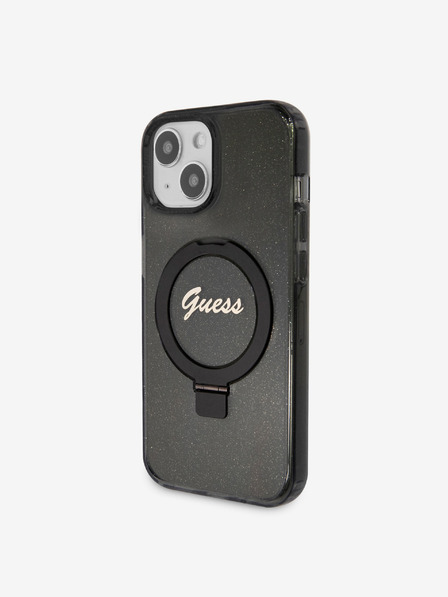 Guess IML Ring Stand Glitter MagSafe Zadní Kryt pro iPhone 15 Black Etui za telefon