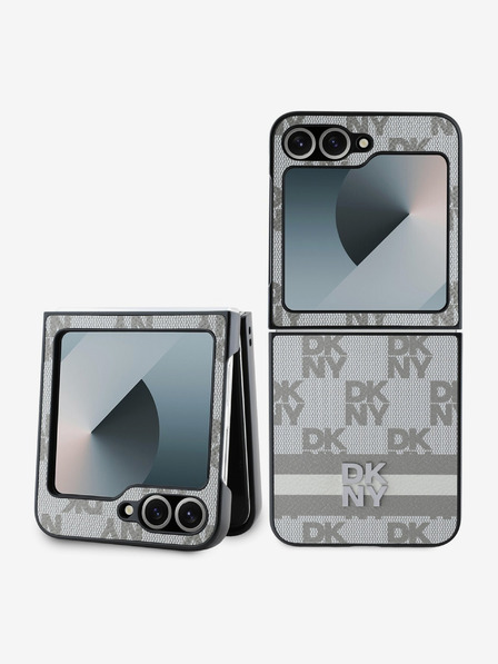 DKNY PU Leather Checkered Pattern and Stripe Zadní Kryt pro Samsung Galaxy Z Flip 6 Beige Etui za telefon