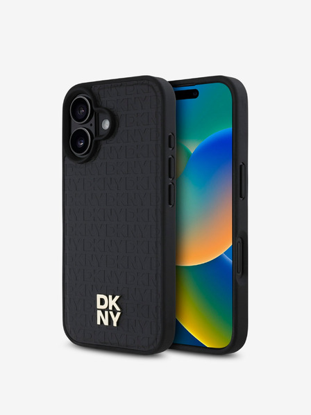 DKNY PU Leather Repeat Pattern Stack Logo MagSafe Zadní Kryt pro iPhone 16 Black Etui za telefon