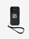 DKNY PU Leather Stack Logo Wrist Strap Zadní Kryt pro iPhone 16 Black Etui za telefon