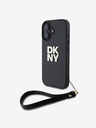 DKNY PU Leather Stack Logo Wrist Strap Zadní Kryt pro iPhone 16 Black Etui za telefon