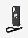 DKNY PU Leather Stack Logo Wrist Strap Zadní Kryt pro iPhone 16 Black Etui za telefon