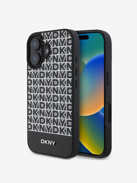 DKNY PU Leather Repeat Pattern Bottom Stripe MagSafe Zadní Kryt pro iPhone 16 Plus Black Etui za telefon