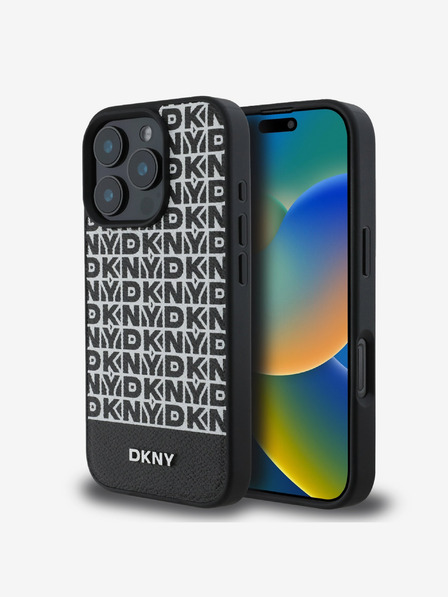 DKNY PU Leather Repeat Pattern Bottom Stripe MagSafe Zadní Kryt pro iPhone 16 Pro Max Black Etui za telefon