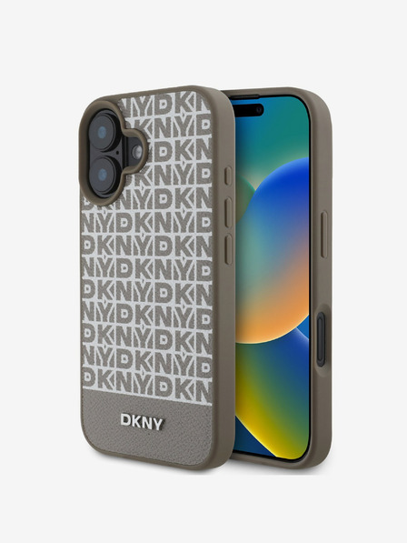 DKNY PU Leather Repeat Pattern Bottom Stripe MagSafe Zadní Kryt pro iPhone 16 Brown Etui za telefon