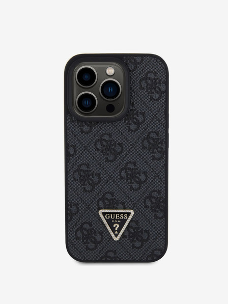 Guess PU 4G Strass Triangle Metal Logo Zadní Kryt pro iPhone 15 Pro Black Etui za telefon