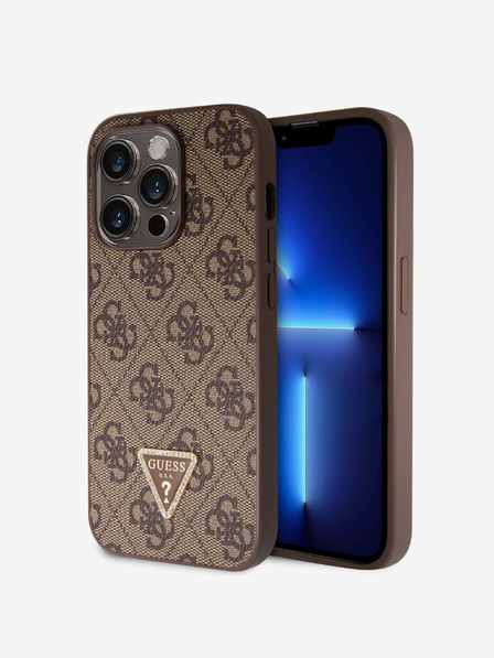 Guess PU 4G Strass Triangle Metal Logo Zadní Kryt pro iPhone 15 Pro Brown Etui za telefon