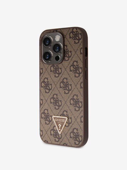 Guess PU 4G Strass Triangle Metal Logo Zadní Kryt pro iPhone 15 Pro Brown Etui za telefon