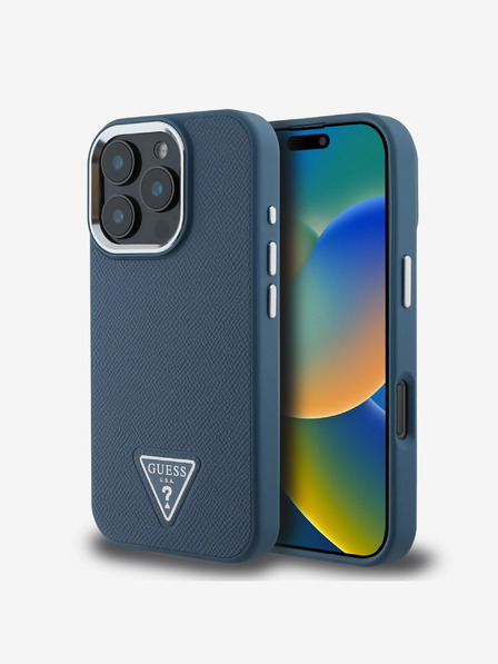 Guess PU Grained Triangle Logo Zadní Kryt pro iPhone 16 Pro Blue Etui za telefon