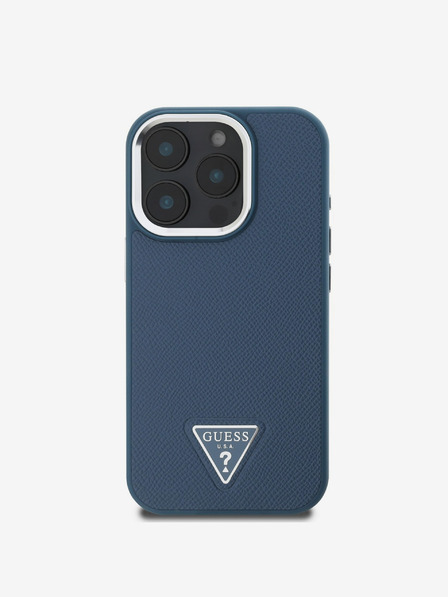 Guess PU Grained Triangle Logo Zadní Kryt pro iPhone 16 Pro Blue Etui za telefon