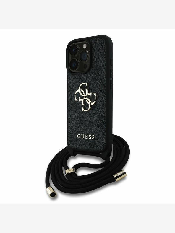 Guess PU 4G Metal Logo Crossbody Popruh Zadní Kryt pro iPhone 15 Pro Max Black Etui za telefon