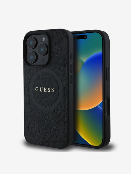 Guess Saffiano Peony Stamp MagSafe Zadní Kryt pro iPhone 16 Pro Black Etui za telefon