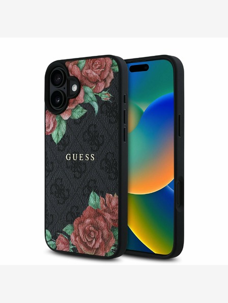 Guess PU Leather 4G Roses MagSafe Zadní Kryt pro iPhone 16 Black Etui za telefon