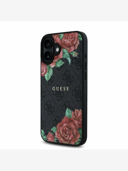 Guess PU Leather 4G Roses MagSafe Zadní Kryt pro iPhone 16 Black Etui za telefon