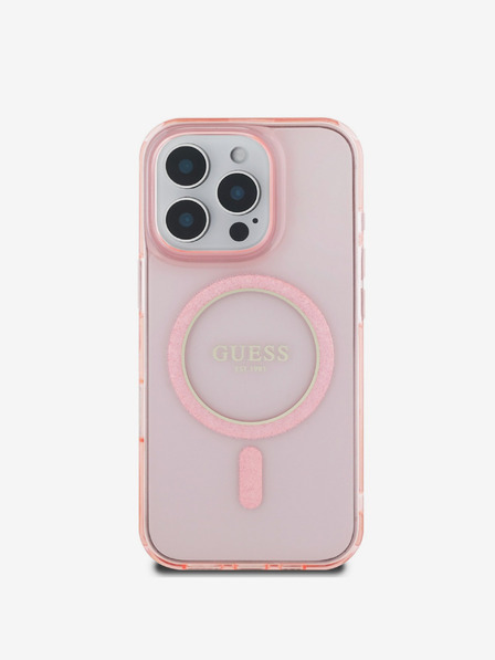 Guess IML Glitter Ring MagSafe Zadní Kryt pro iPhone 16 Pro Pink Etui za telefon