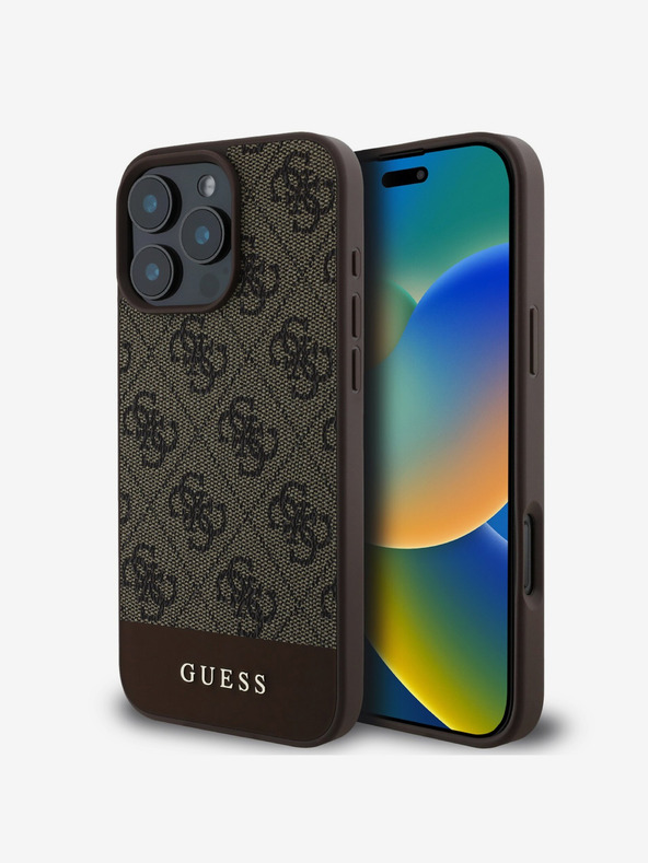 Guess PU 4G Stripe Zadní Kryt pro iPhone 16 Pro Brown Etui za telefon