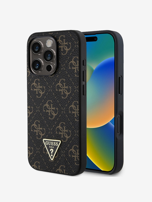 Guess PU Leather 4G Triangle Metal Logo Zadní Kryt pro iPhone 16 Pro Max Black Etui za telefon