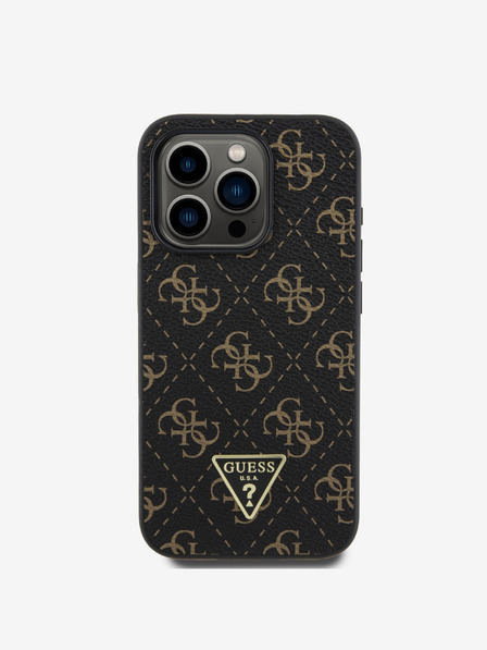 Guess PU Leather 4G Triangle Metal Logo Zadní Kryt pro iPhone 16 Pro Max Black Etui za telefon