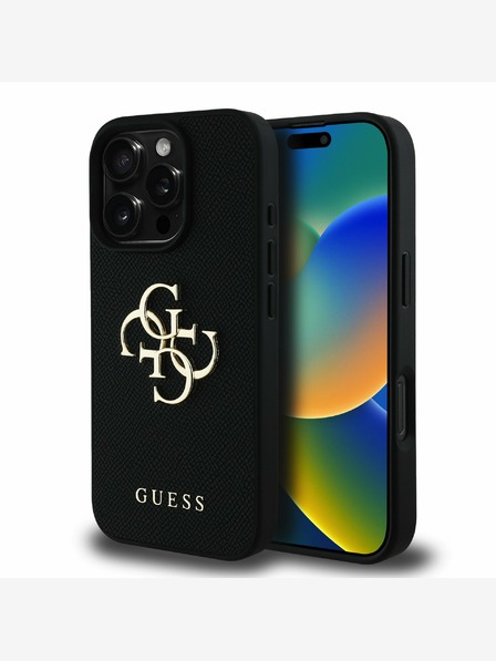 Guess PU Grained 4G Metal Logo Zadní Kryt pro iPhone 16 Pro Max Black Etui za telefon