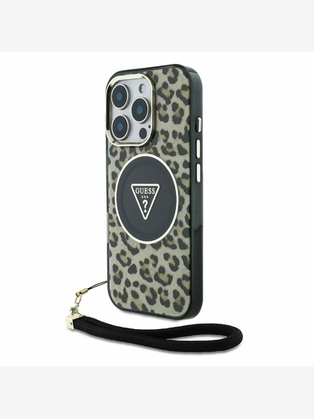 Guess IML Leopard Triangle Logo Strap MagSafe Zadní Kryt pro iPhone 16 Pro Brown Etui za telefon