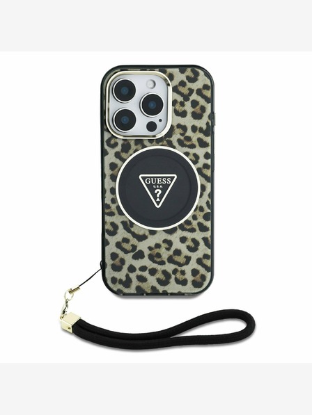 Guess IML Leopard Triangle Logo Strap MagSafe Zadní Kryt pro iPhone 16 Pro Brown Etui za telefon