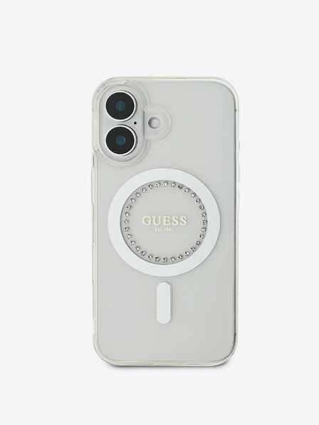 Guess IML Rhinestones Ring MagSafe Zadní Kryt pro iPhone 16 White Etui za telefon