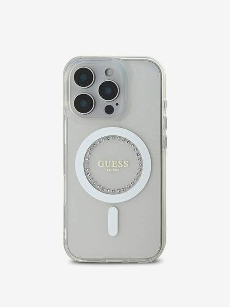 Guess IML Rhinestones Ring MagSafe Zadní Kryt pro iPhone 16 Pro White Etui za telefon