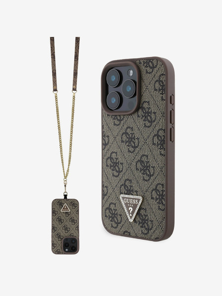 Guess PU 4G Strass Triangle Metal Logo Zadní Kryt + Crossbody Popruh pro iPhone 16 Pro Max Brown Etui za telefon