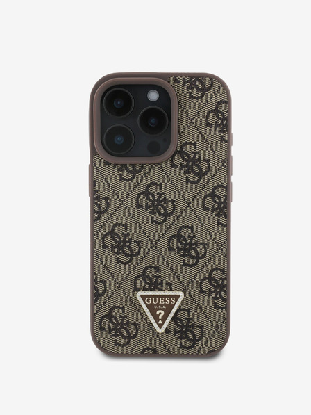 Guess PU 4G Strass Triangle Metal Logo Zadní Kryt + Crossbody Popruh pro iPhone 16 Pro Max Brown Etui za telefon