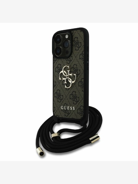 Guess PU 4G Metal Logo Crossbody Popruh Zadní Kryt pro iPhone 16 Pro Brown Etui za telefon