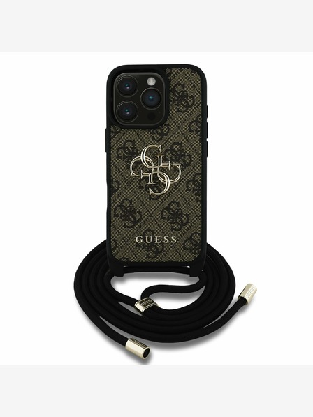 Guess PU 4G Metal Logo Crossbody Popruh Zadní Kryt pro iPhone 16 Pro Brown Etui za telefon