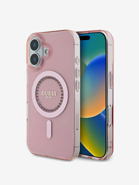 Guess IML Rhinestones Ring MagSafe Zadní Kryt pro iPhone 16 Pink Etui za telefon