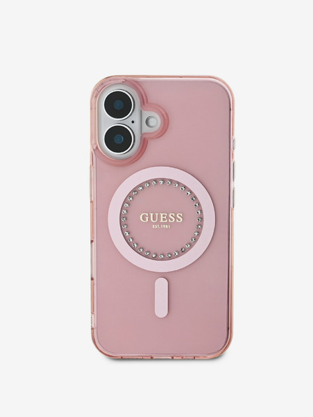 Guess IML Rhinestones Ring MagSafe Zadní Kryt pro iPhone 16 Pink Etui za telefon