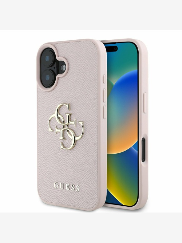 Guess PU Grained 4G Metal Logo Zadní Kryt pro iPhone 16 Pink Etui za telefon